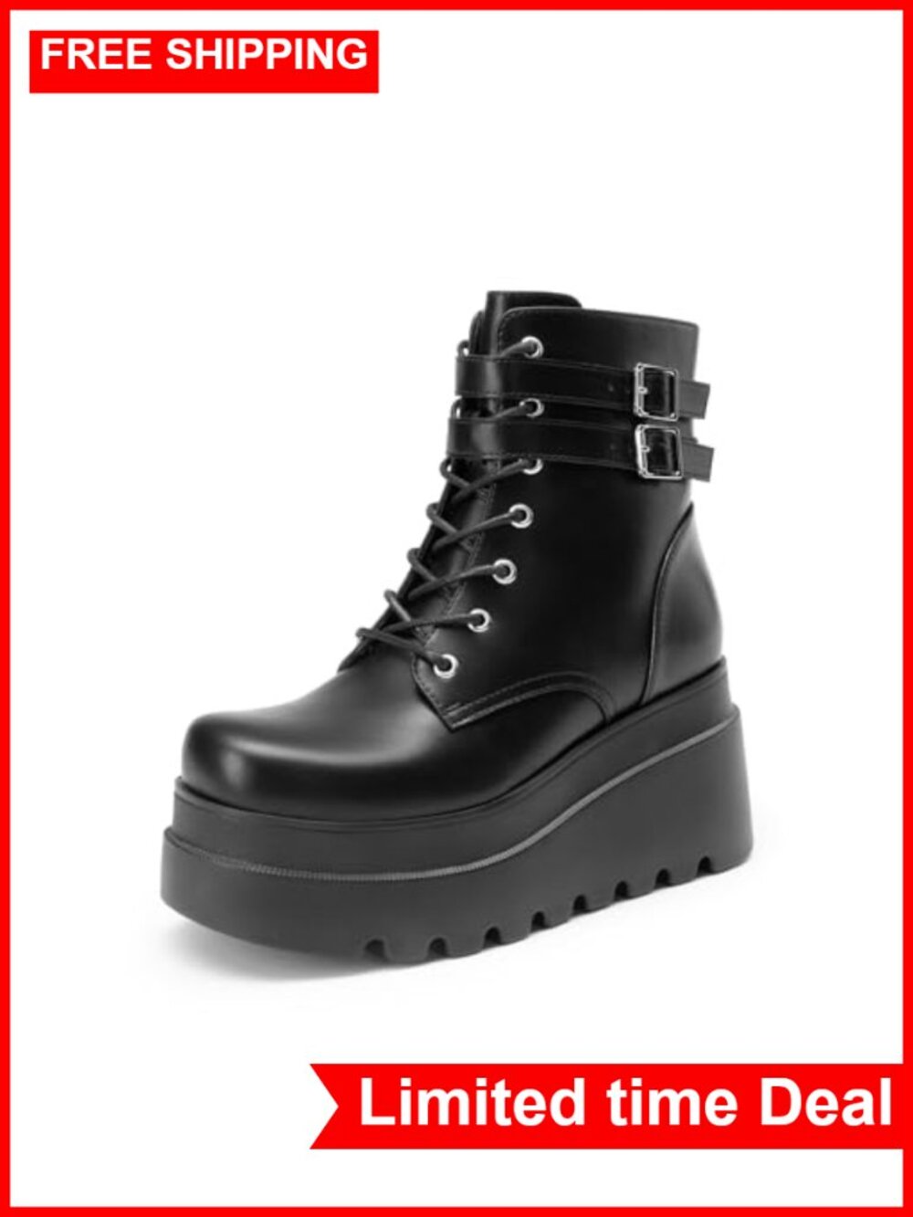 Women Platform Combat Goth Lace Up Ankle Boots Faux Leather